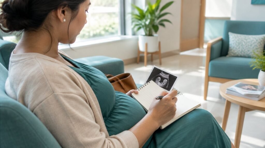 Ibu hamil mencatat pertanyaan untuk dokter